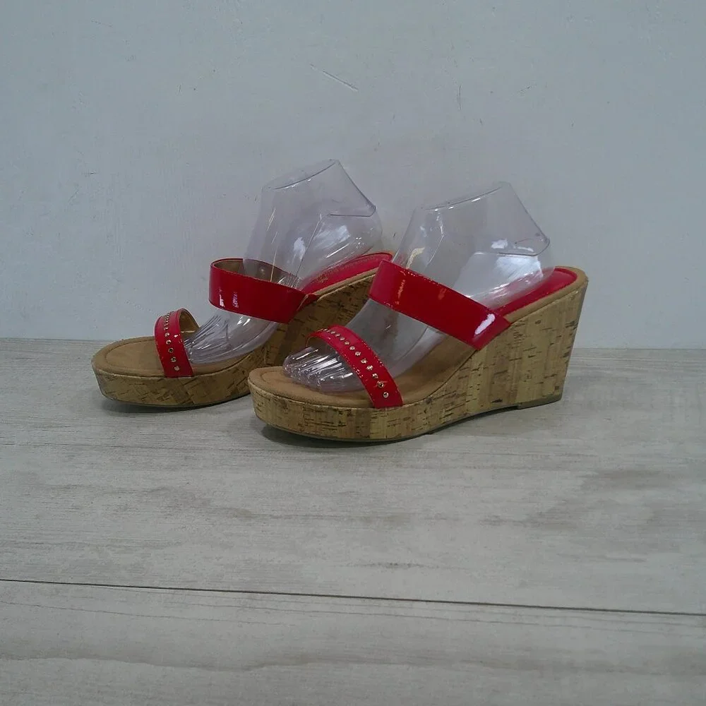 Montego Bay Club Sexy Cherry Red Platform Studded Open Toe Wedge Size 11W | Wide